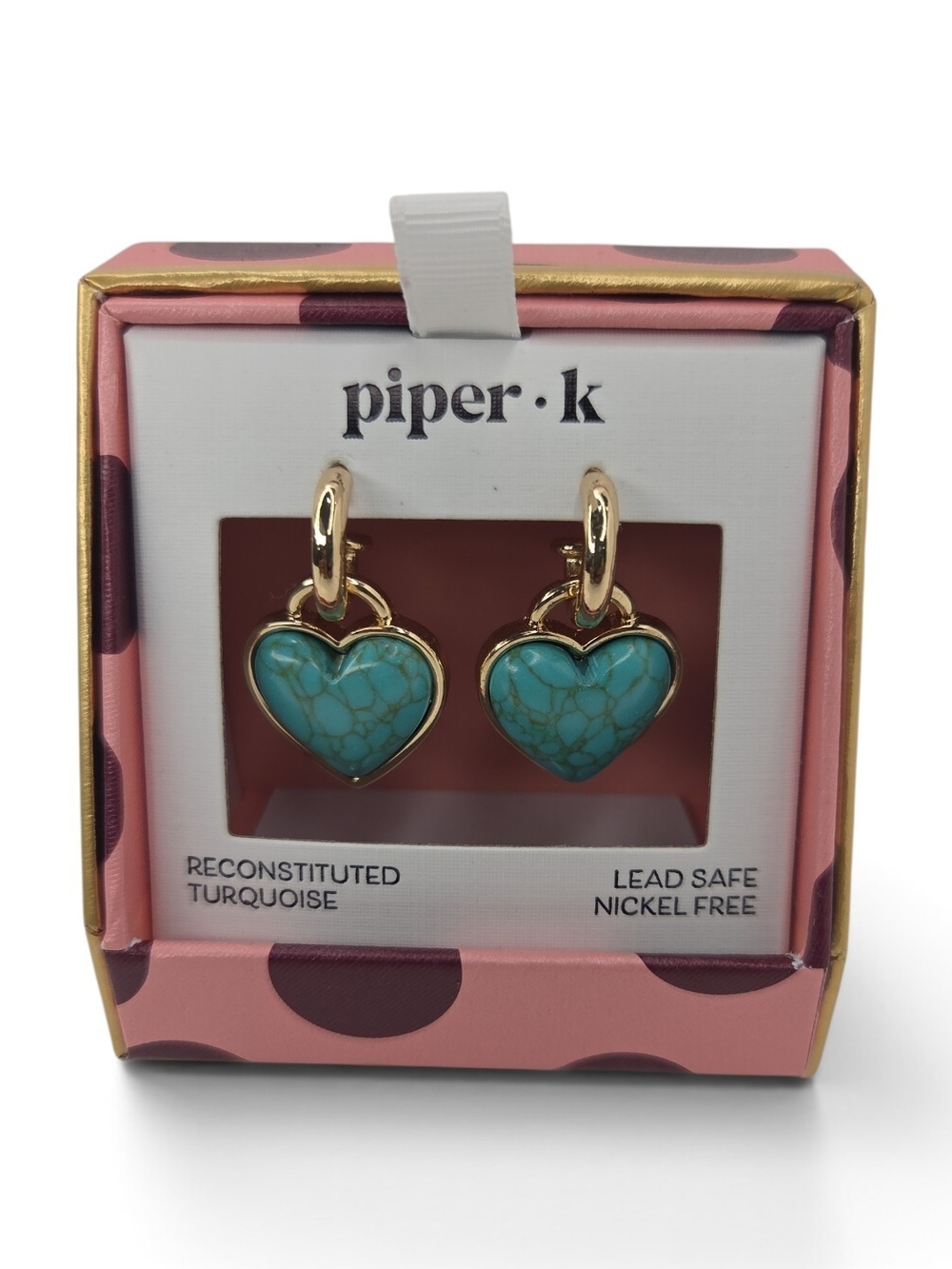💙▪️Piper K Gold Heart Hoop Earrings with Recosntistuted Turquoise Stone Drops - Picture 2 of 5
